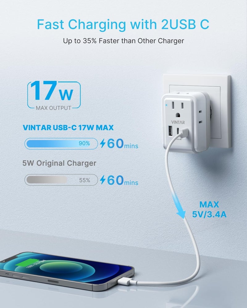 VINTAR مجموعة محول السفر العالمي، محول طاقة دولي مع 3 منافذ USB (2 USB C) و 4 مآخذ AC، ملحقات قابلة للفصل من نوع A، C، G، D، I، M، محول سفر عالمي للولايات المتحدة/الاتحاد الأوروبي/المملكة المتحدة/الهند/أفريقيا - Image 4